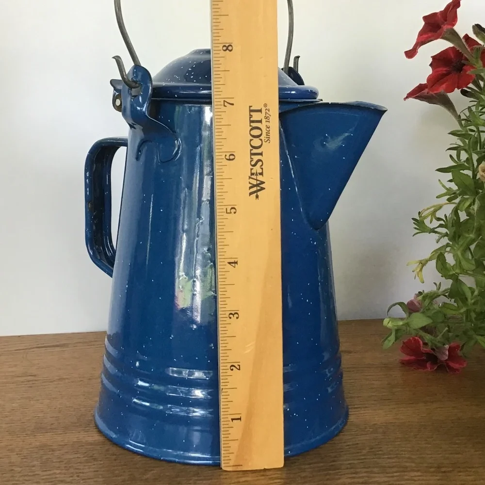 Vintage Blue Speckled Enamel Coffee Pot Kettle Camping Rustic Farmhouse